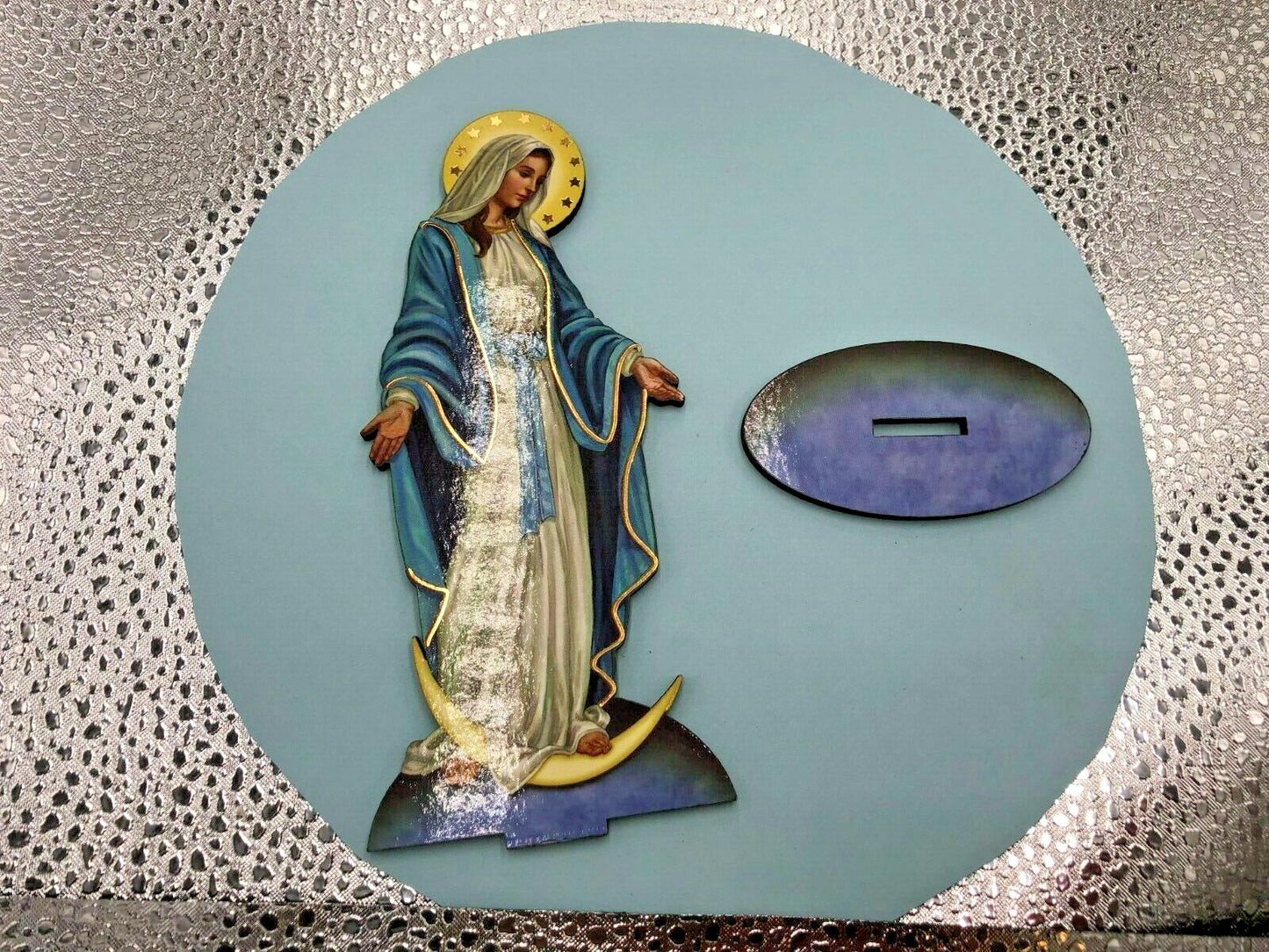 Wooden statue of Our Lady of Grace, 6-inch laser-etched religious figure by Bob and Penny Lord Journeys of Faith.
