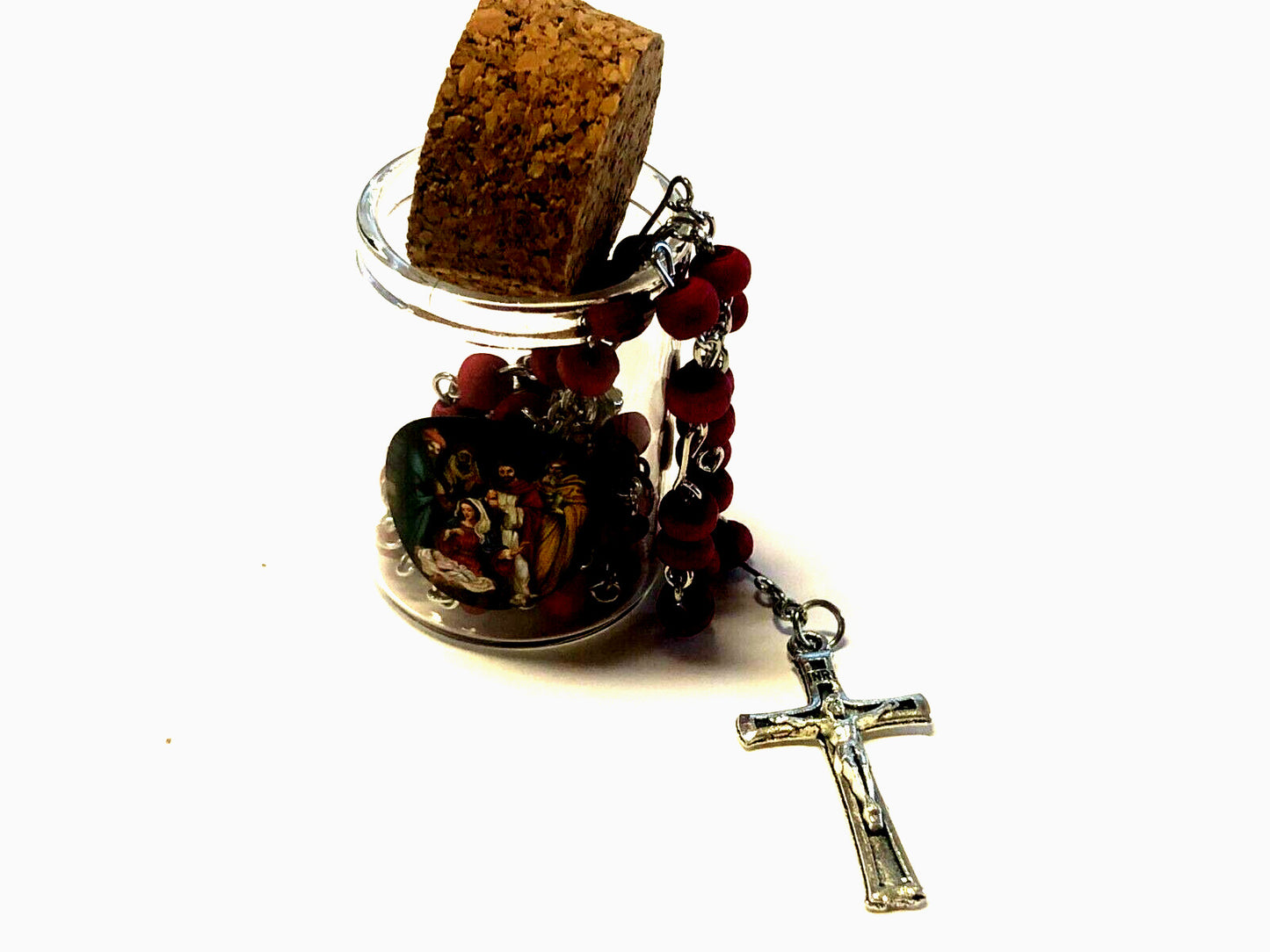 Holy Family Miniature Rose Scented Wood Bead Rosary in Glass 1 3/4" Bottle, New - Journeys of Faith