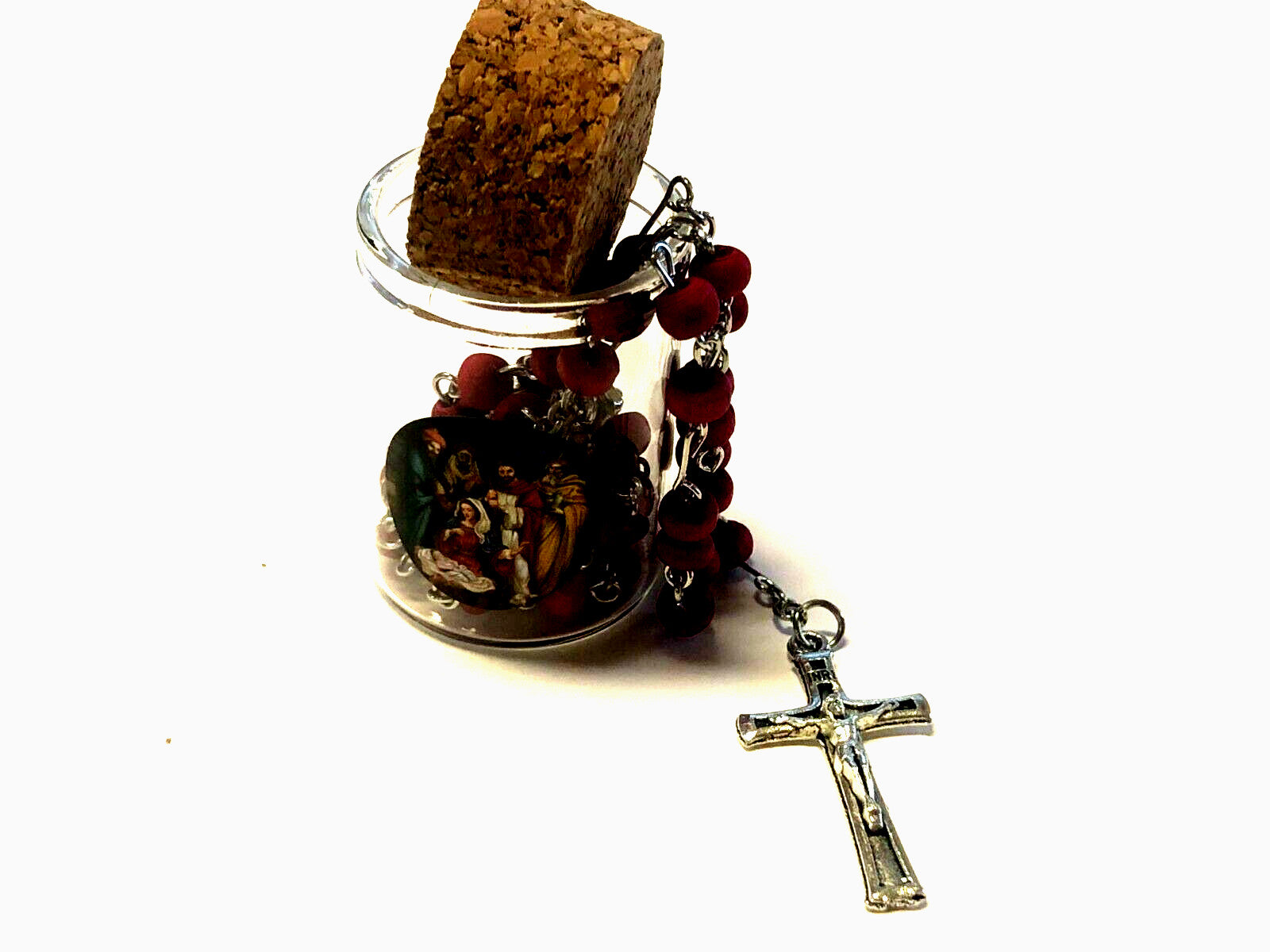 Holy Family Miniature Rose Scented Wood Bead Rosary in Glass 1 3/4" Bottle, New - Journeys of Faith