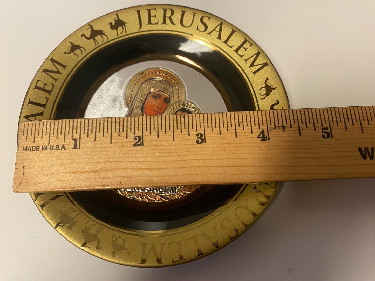 Ceramic plate featuring Virgin Mary with Child, 4.75-inch diameter, from Jerusalem, a Christian religious collectible by Journeys of Faith.