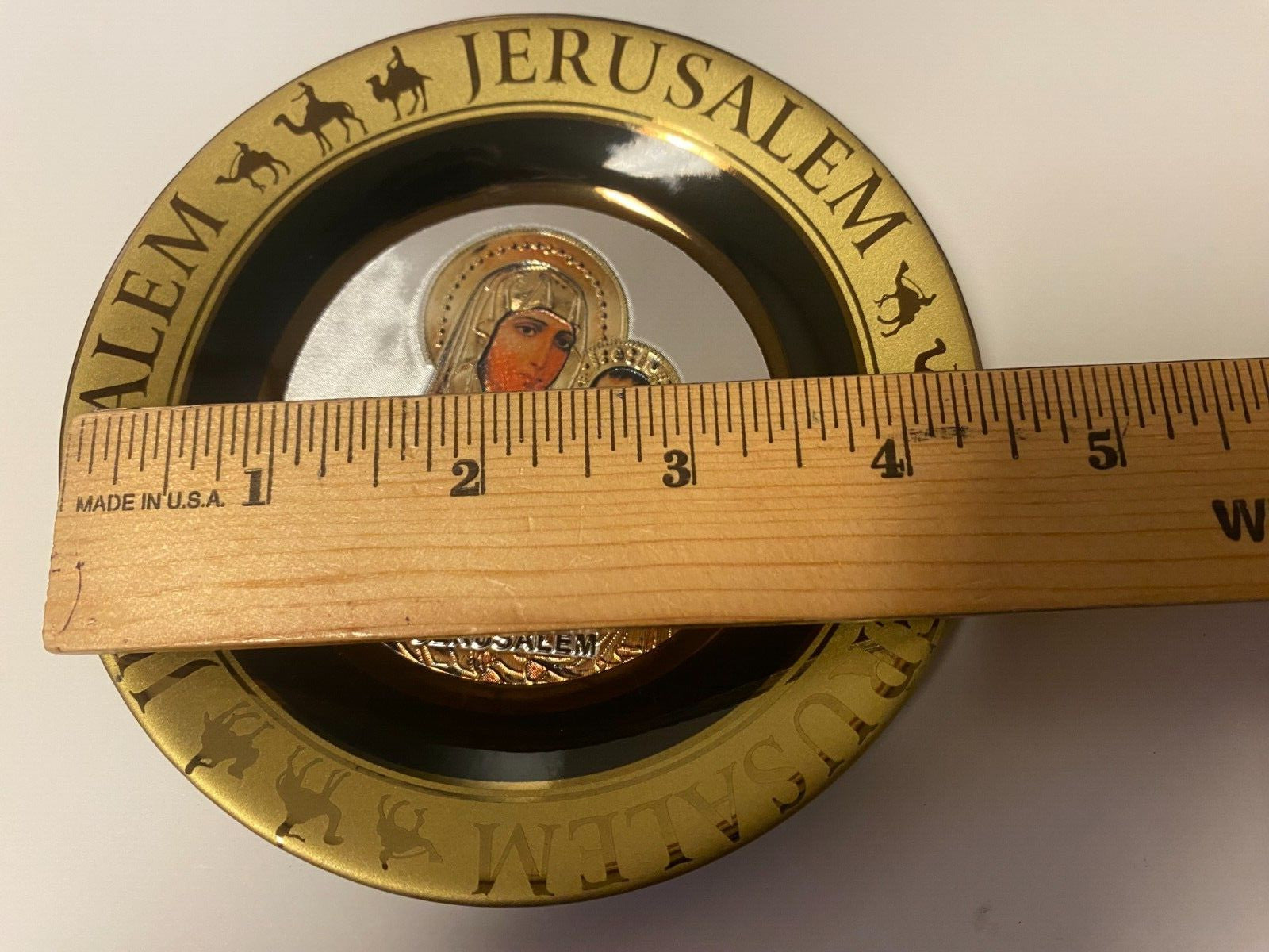 Ceramic plate featuring Virgin Mary with Child, 4.75-inch diameter, from Jerusalem, a Christian religious collectible by Journeys of Faith.