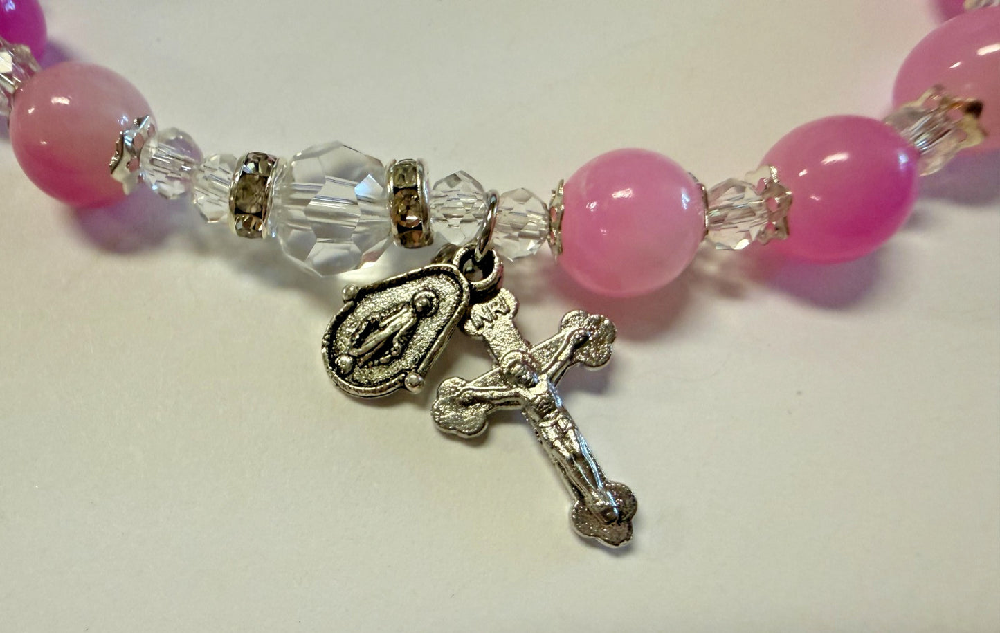 Our Lady of Grace Pink Jade Rosary Bracelet, New #Gftshp-152