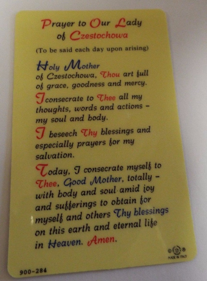 Our Lady of Czestochowa prayer card from Journeys of Faith, featuring religious imagery and Christian holy card design.