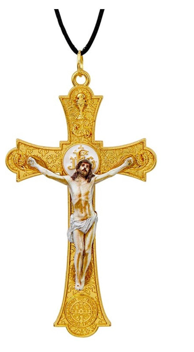 Holy Mass 3" Gold Crucifix Pendant,  New  #AB-391-R2