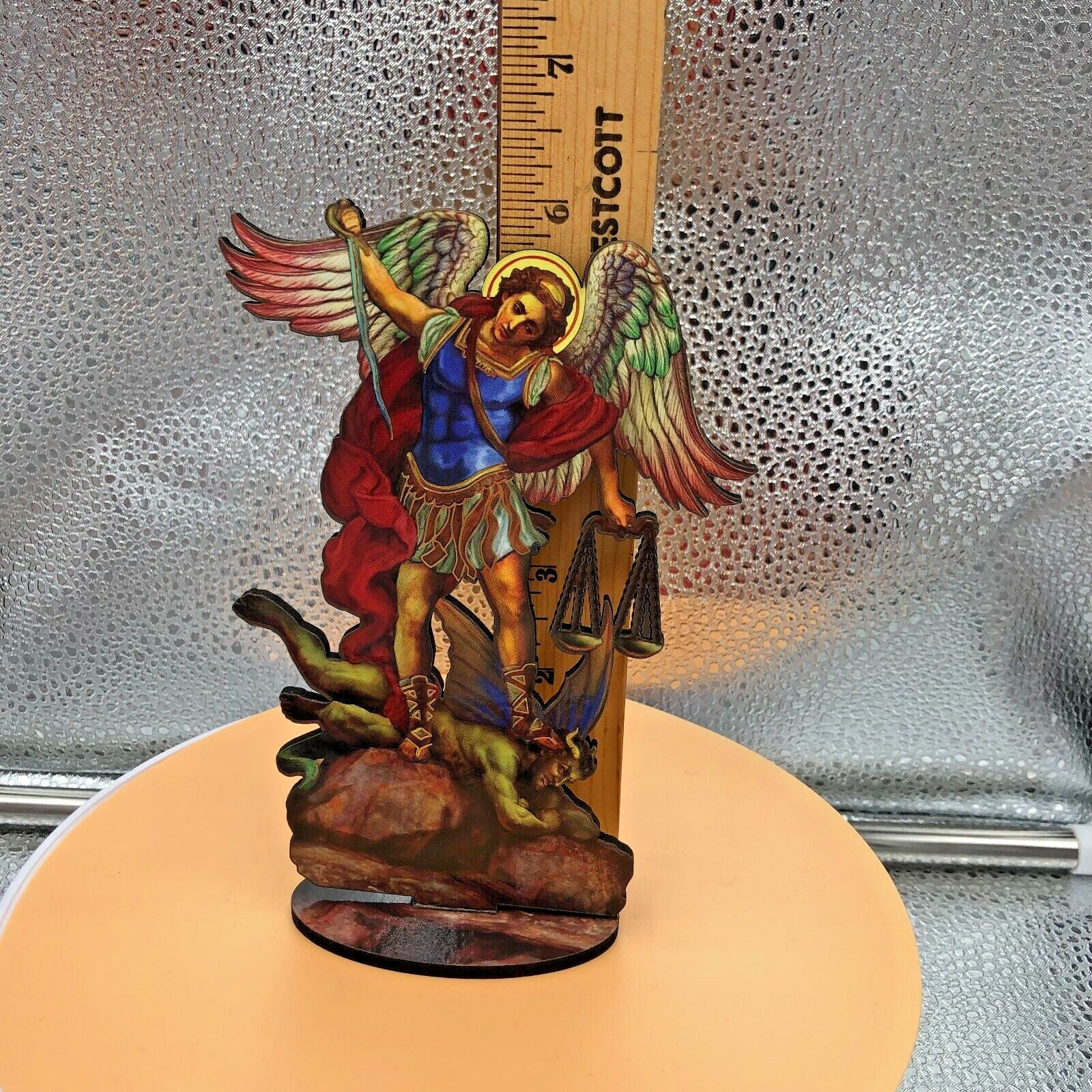 Saint Michael The Archangel 6" Laser Image on Thin Wood Statue, New #AB-033 - Journeys of Faith
