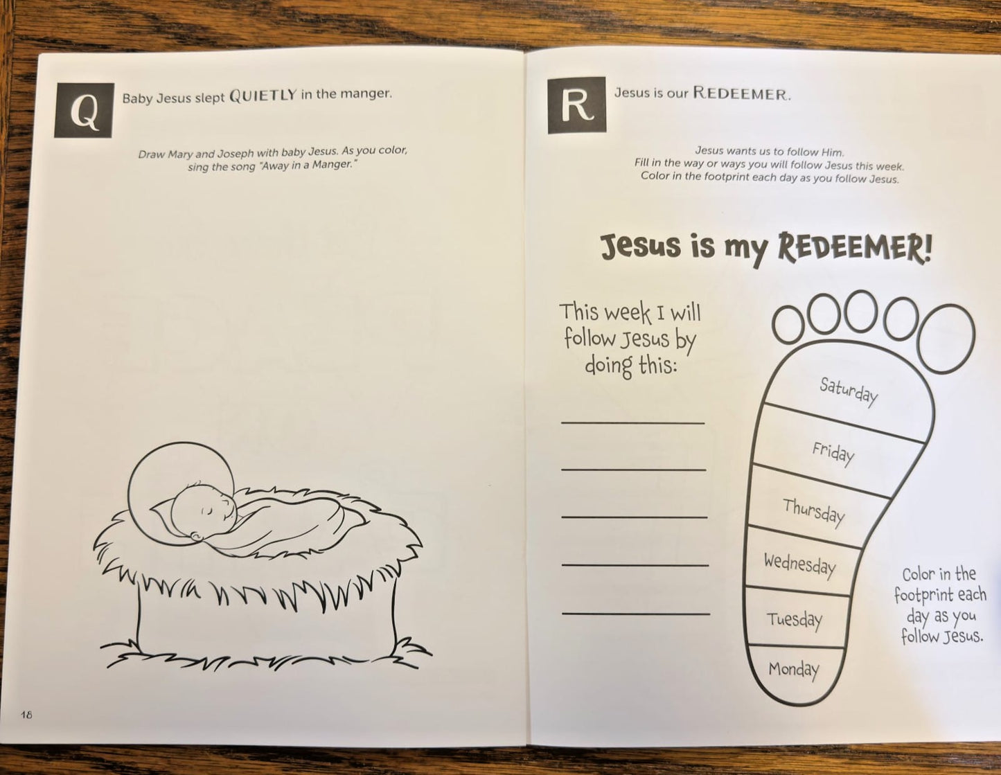 Children's Christmas A-Z activity book by Journeys of Faith, featuring festive Christian-themed activities and illustrations.