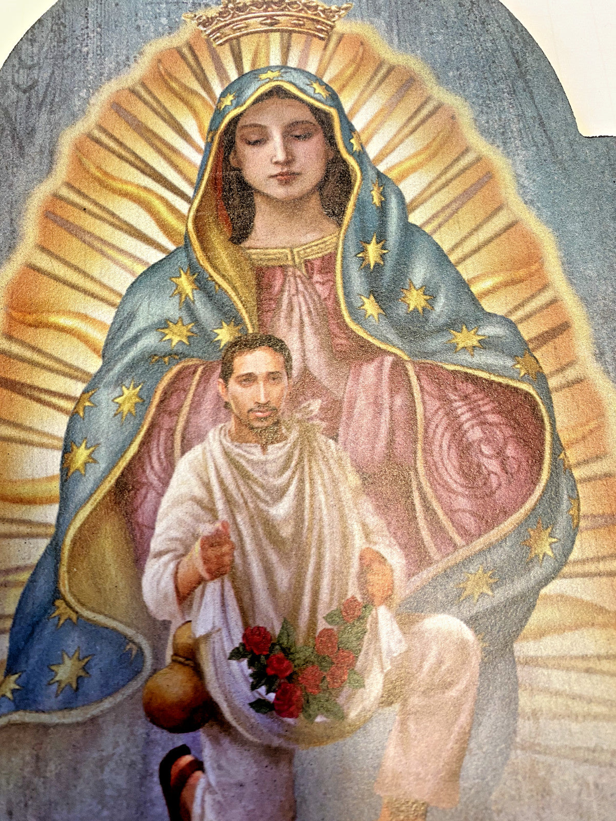12-inch wooden plaque featuring Our Lady of Guadalupe with Juan Diego, religious Christian collectible by Bob and Penny Lord