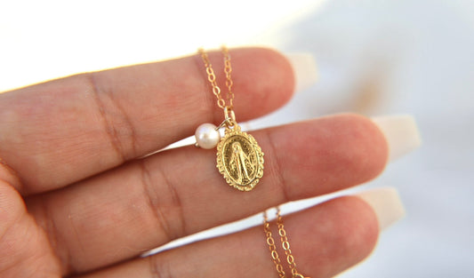 Intricate Miraculous Medal Necklace with Pearl - Journeys of Faith