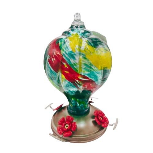 Hand-blown glass hummingbird feeder by Mill Creek Products featuring a vibrant, colorful design and a clear feeding chamber.