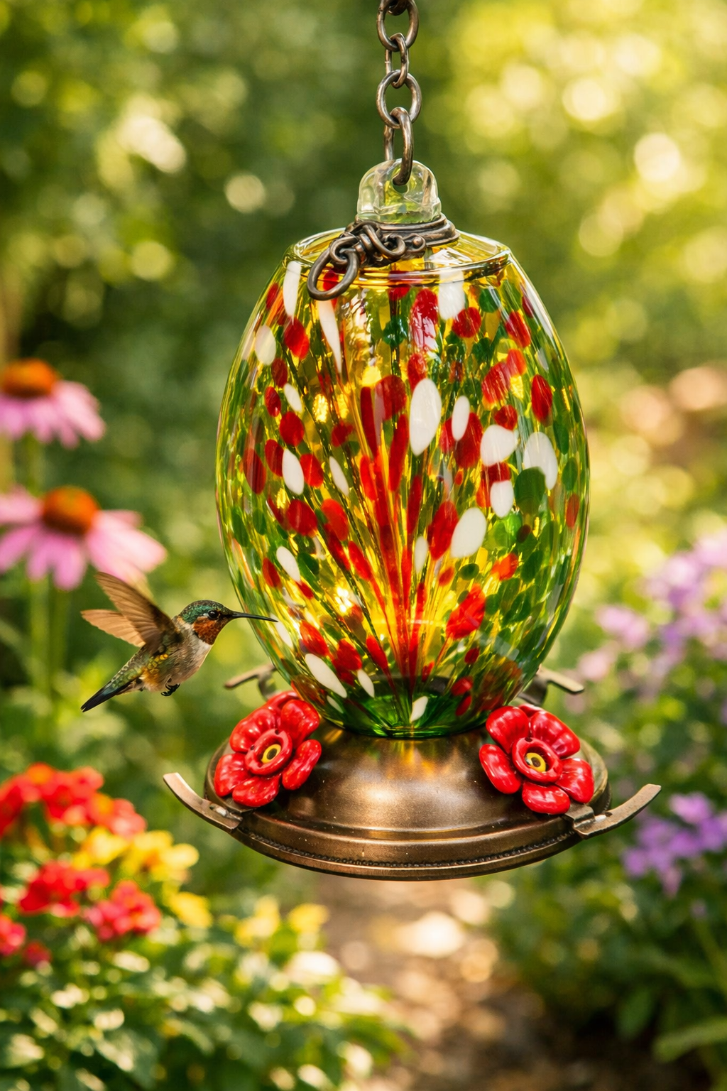 Meadow Confetti Olive Glass Hummingbird Feeder