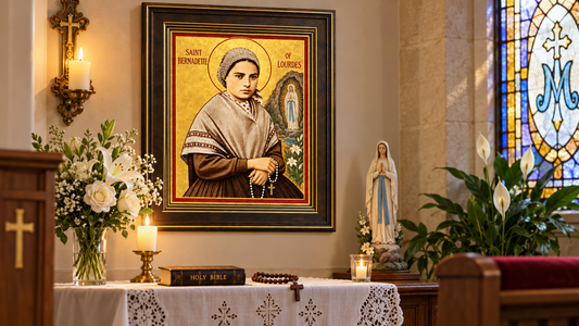 Framed Icon of Saint Bernadette of Lourdes  on display