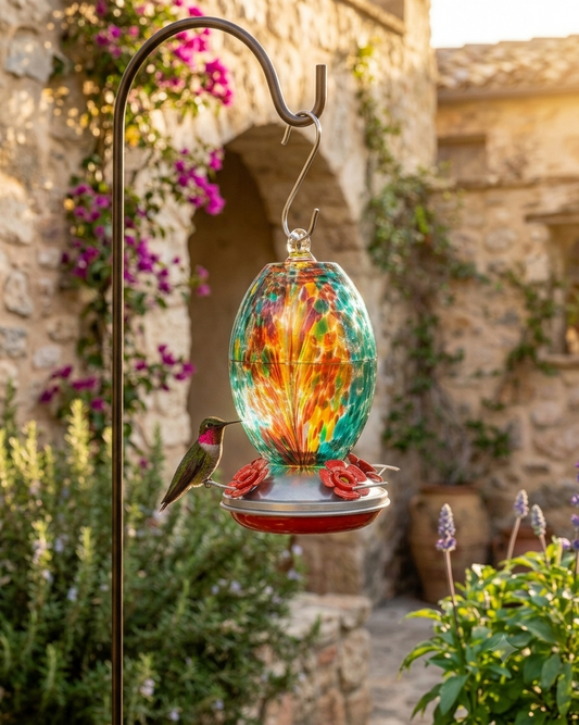 The Fire & Ocean Olive Glass Hummingbird Feeder