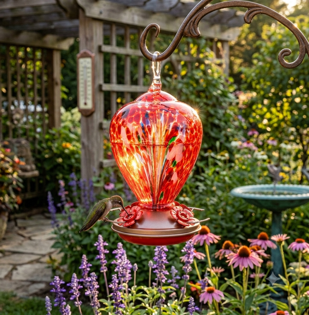 The Crimson Calla Glass Hummingbird Feeder