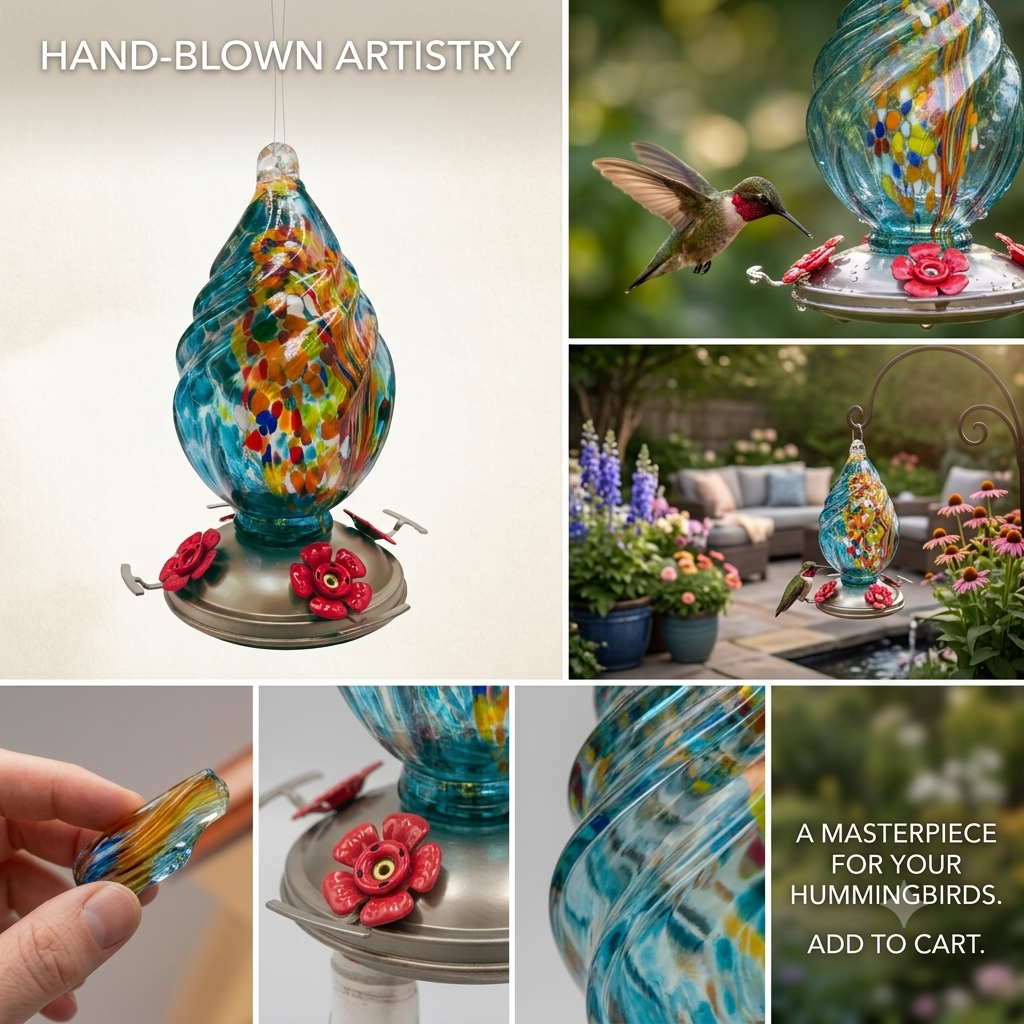 Aqua Confetti Teardrop Glass Hummingbird Feeder