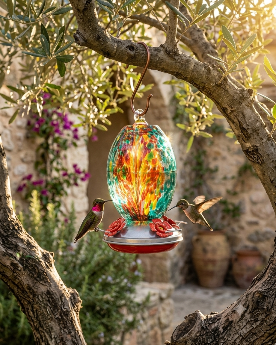 The Fire & Ocean Olive Glass Hummingbird Feeder