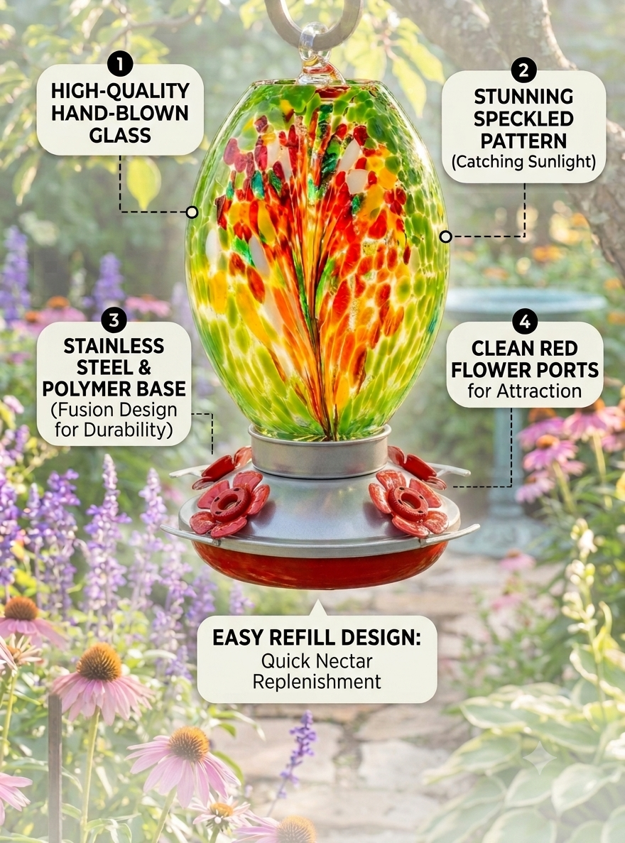 Meadow Confetti Olive Glass Hummingbird Feeder