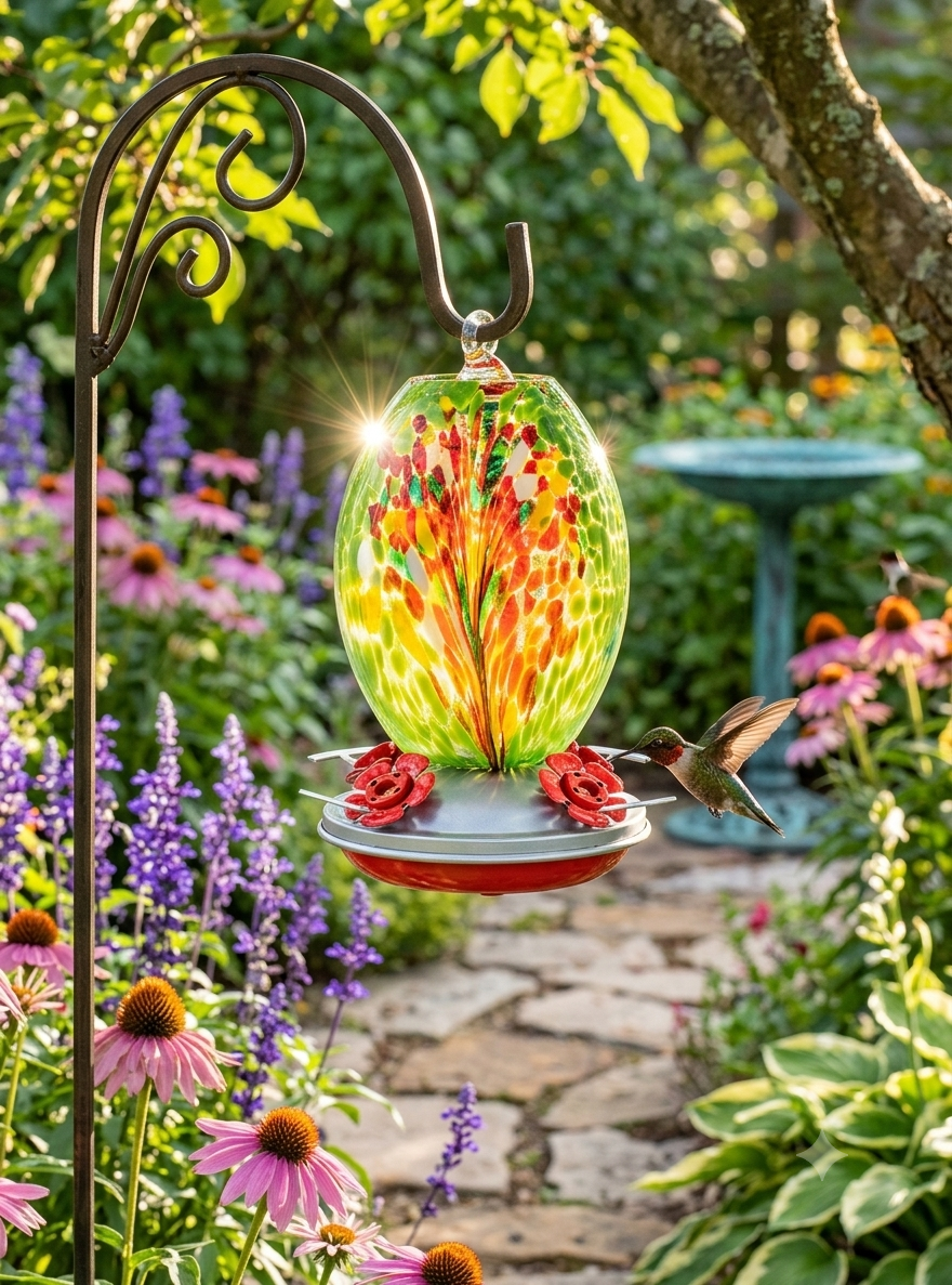 Meadow Confetti Olive Glass Hummingbird Feeder