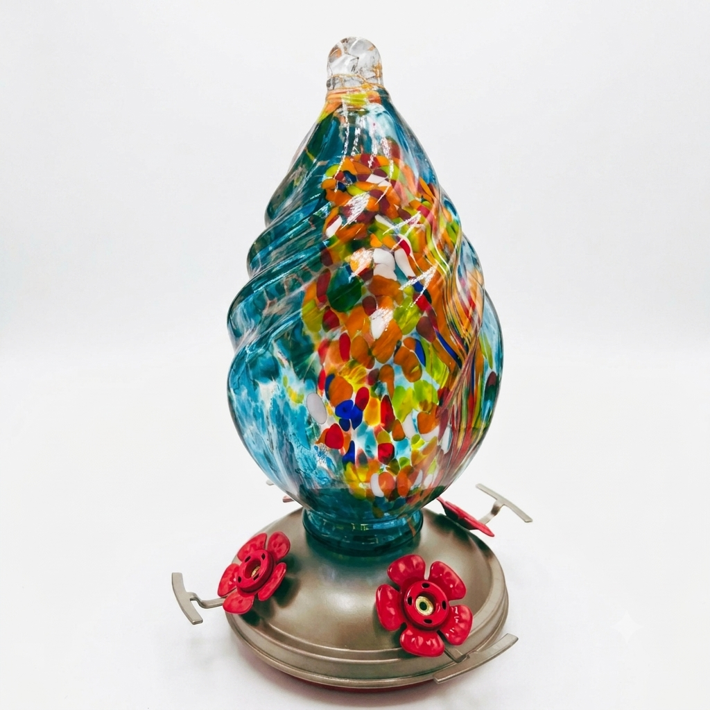 Aqua Confetti Teardrop Glass Hummingbird Feeder