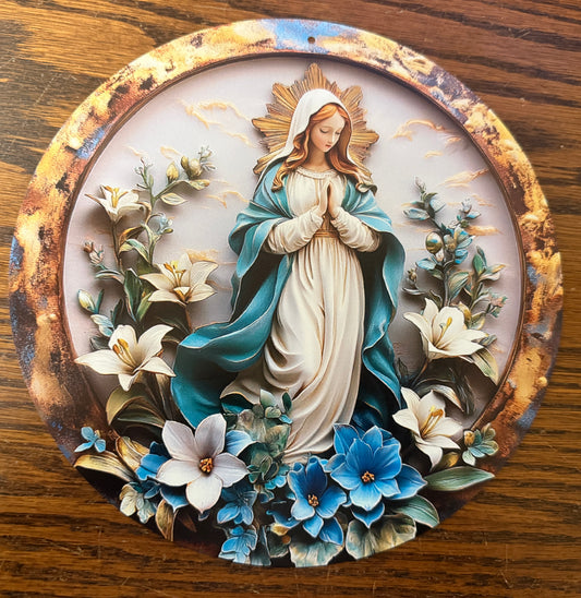 Bl Mother Mary  (Blue & Lilies) on Aluminum 8" Image, New #ALM-016-R2