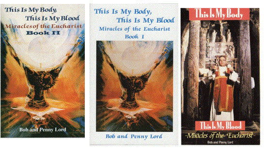 Open books titled "This is My Body, This is My Blood" by Bob and Penny Lord, featuring spiritual reflections on the Eucharist.