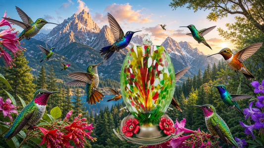 Hand blown glass hummingbird feeder with vibrant colors, floral design, and four feeding ports, surrounded by hummingbirds.