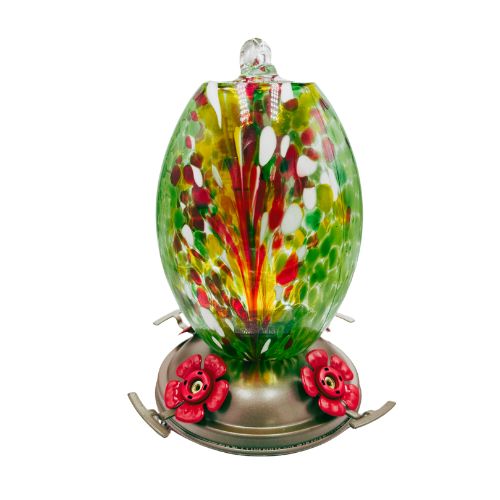 Hand blown glass hummingbird feeder in vibrant green, red, and yellow hues with flower-shaped feeding ports.