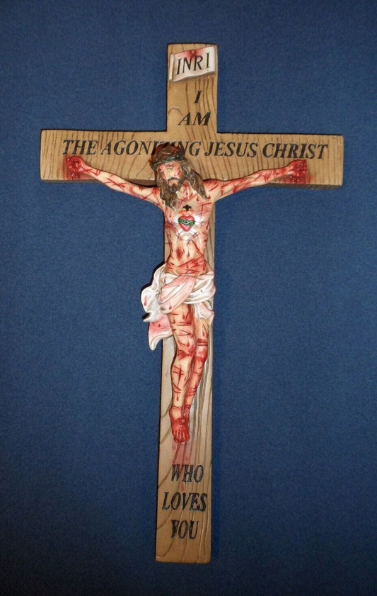 Wooden 17-inch Crucifix by Bob and Penny Lord featuring the Most Precious Blood, a religious Christian cross collectible.