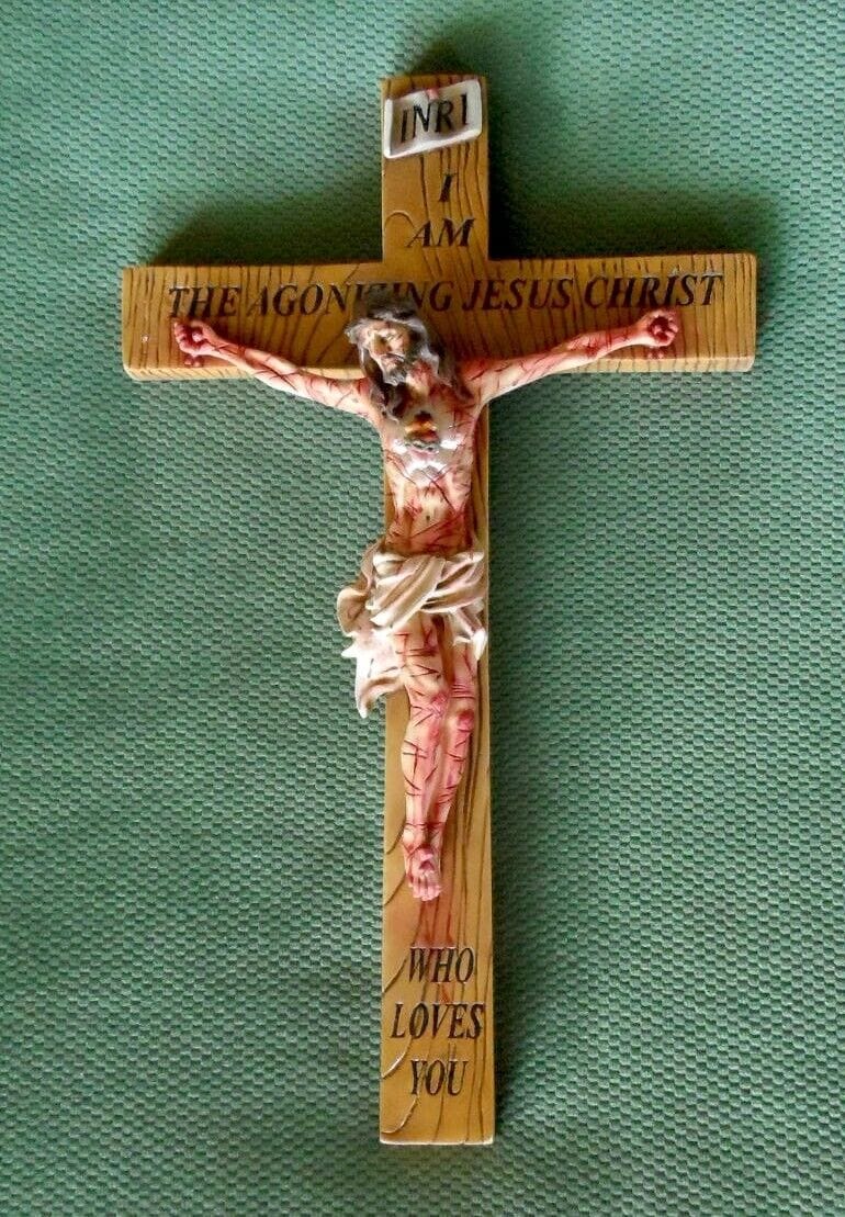 17-inch Christian crucifix by Bob and Penny Lord featuring the Most Precious Blood design, suitable for religious collectibles.