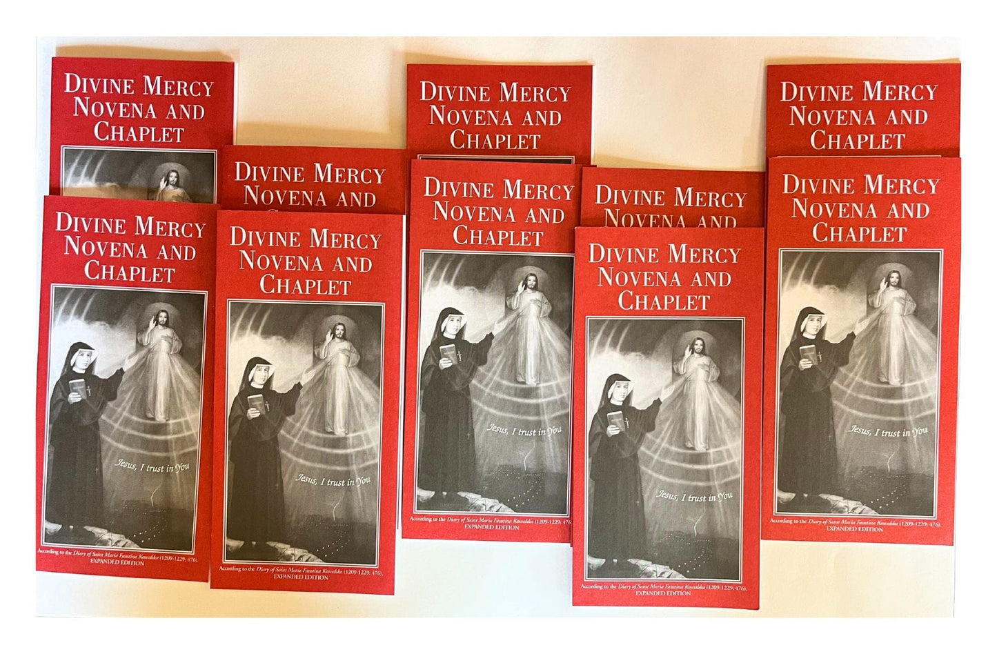 Divine Mercy Novena Holy Cards by Bob and Penny Lord featuring religious Christian imagery and prayers for devotion.