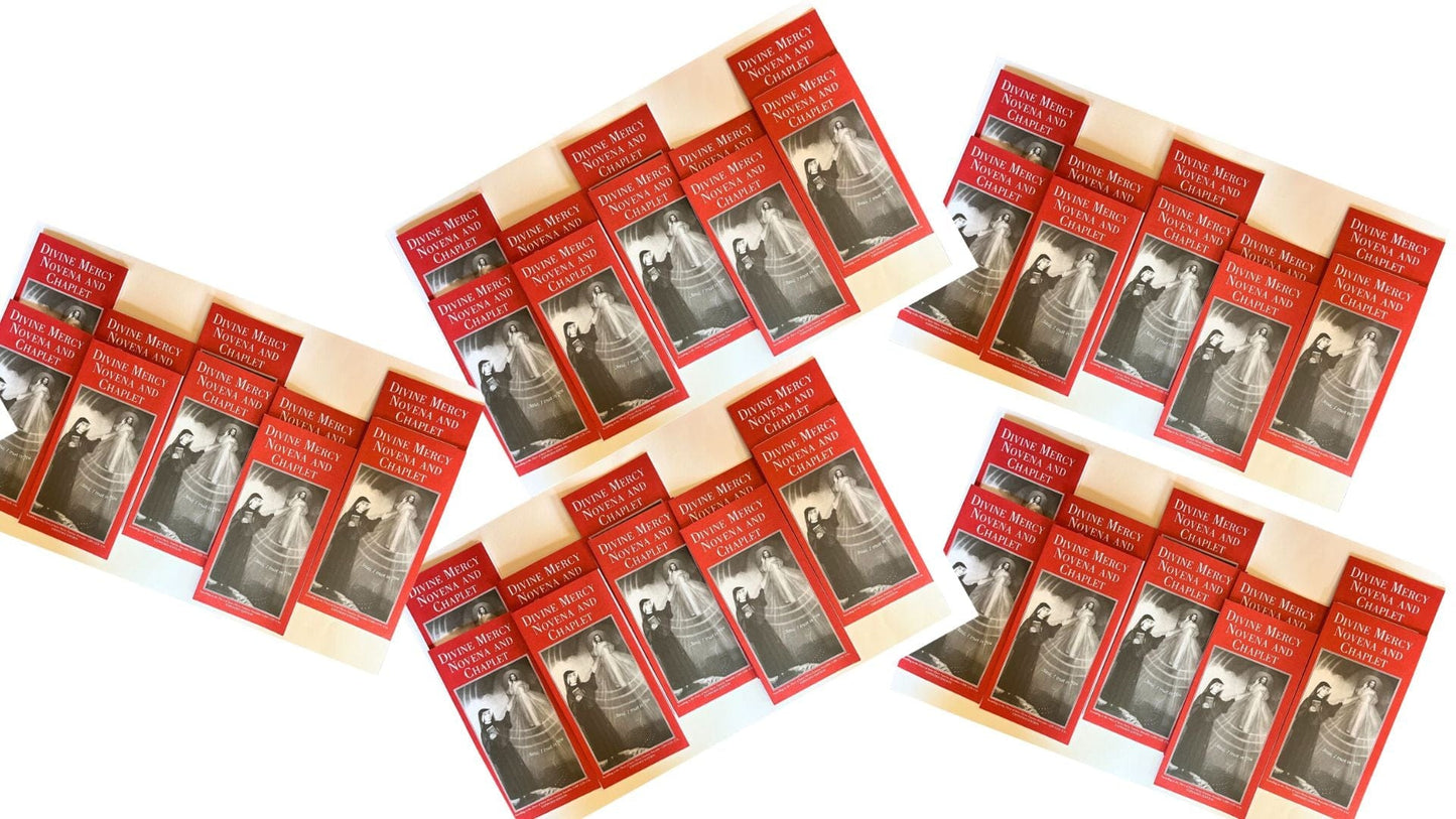 Set of 50 Divine Mercy Novena Holy Cards by Bob and Penny Lord featuring Christian spirituality and religious imagery.