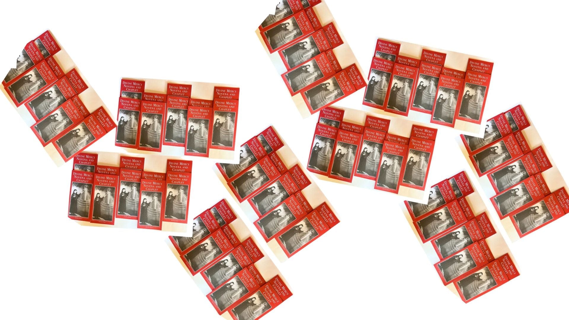 Set of 100 Divine Mercy Novena Holy Cards by Bob and Penny Lord, featuring religious Christian imagery and prayer designs.