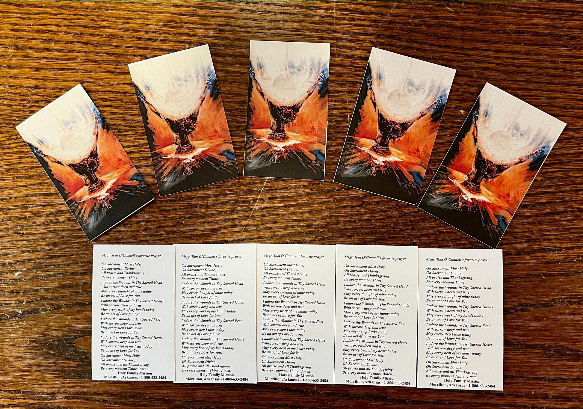 Laminated Holy Eucharistic Prayer After Communion cards by Bob and Penny Lord, featuring religious prayer designs.