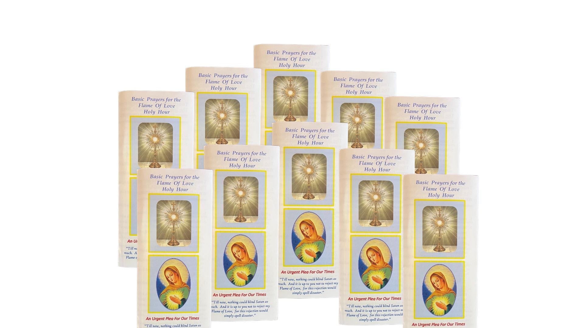 Set of three Flame of Love Holy Hour trifold holy cards by Bob and Penny Lord, featuring religious imagery and prayer messages.