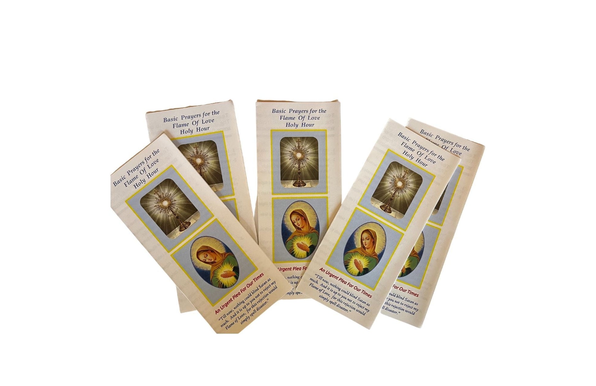 Set of five Flame of Love Holy Hour trifold holy cards by Bob and Penny Lord, featuring religious imagery and Christian symbolism.