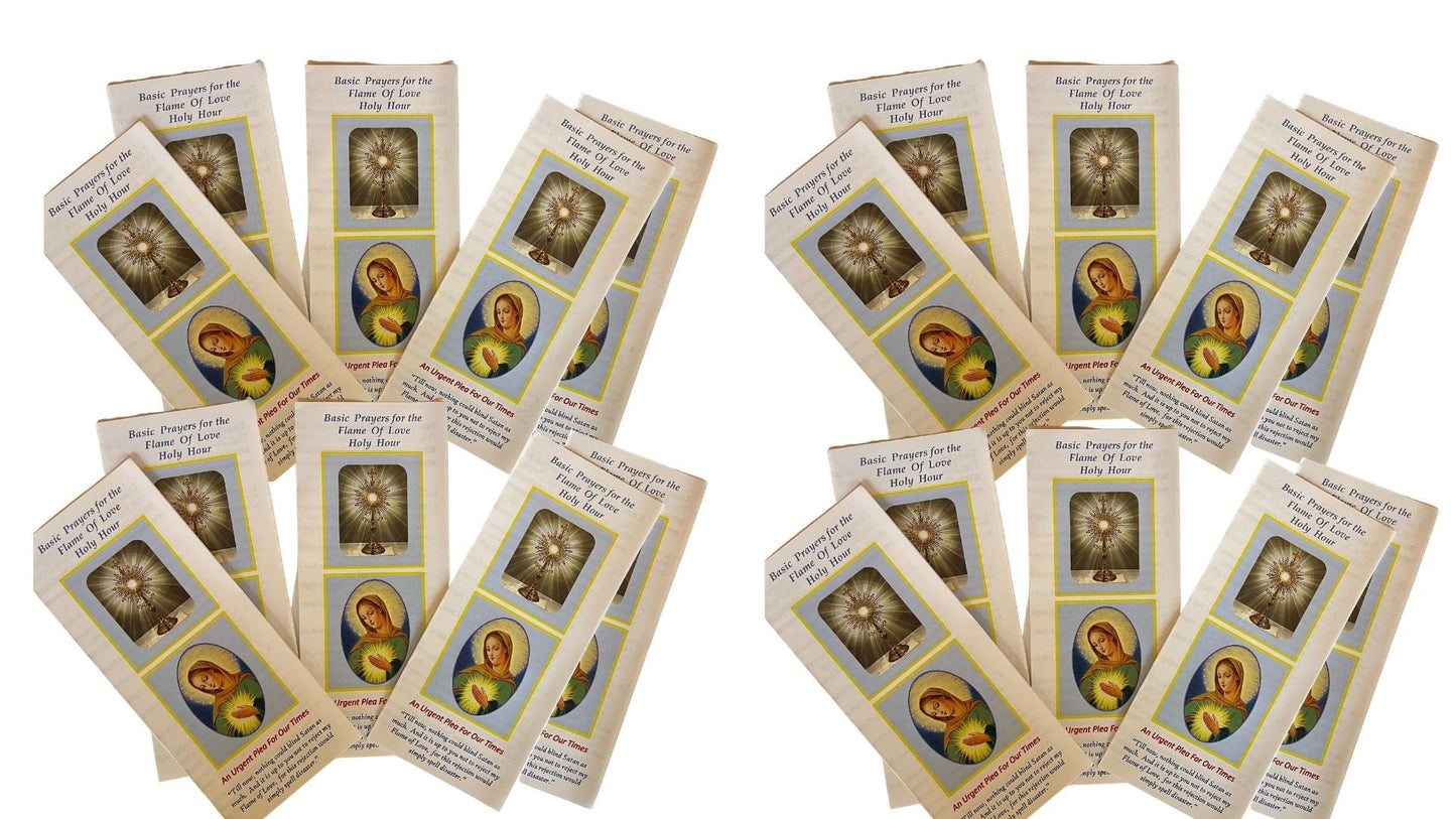 Set of three Flame of Love Holy Hour Holy Cards by Bob and Penny Lord, religious Christian spirituality collectibles.