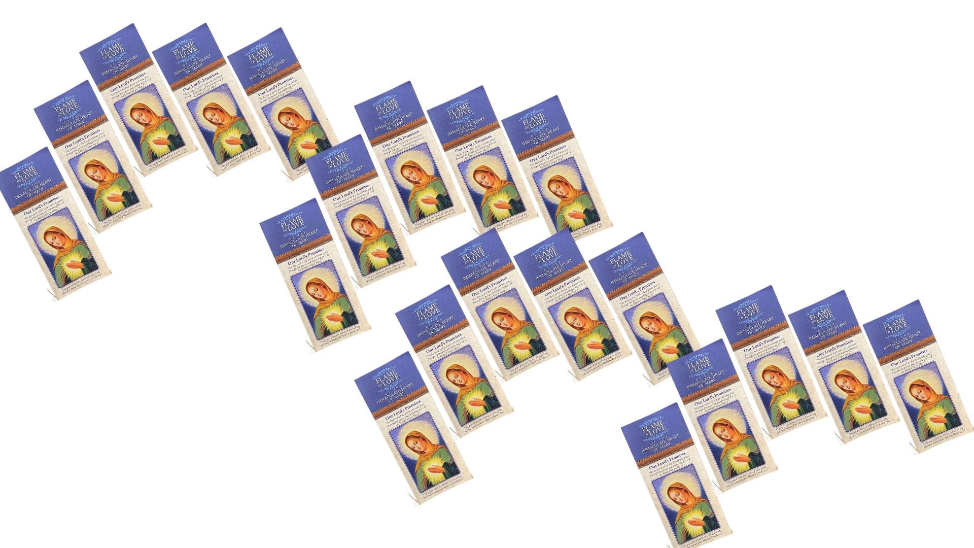 Set of 20 Flame of Love Prayer Trifolds by Bob and Penny Lord, featuring inspirational prayers and religious imagery.