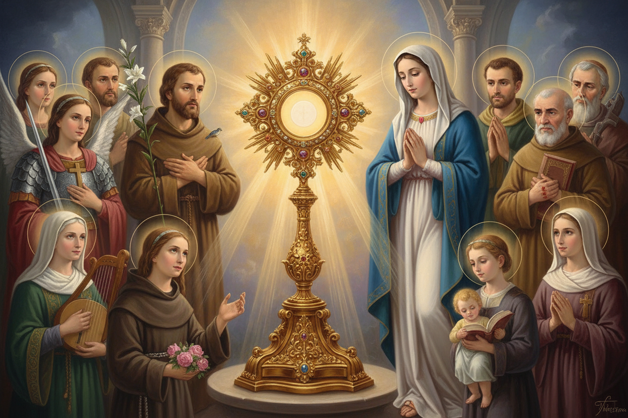 Holy Eucharist prominent center the Mother Mary and surrounded by Catholic Saints 