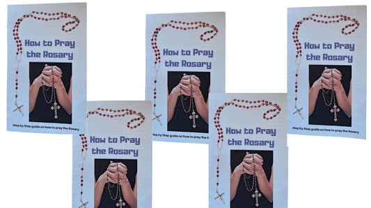 Set of five prayer card packages for praying the rosary by Bob and Penny Lord, featuring instructions and religious imagery.