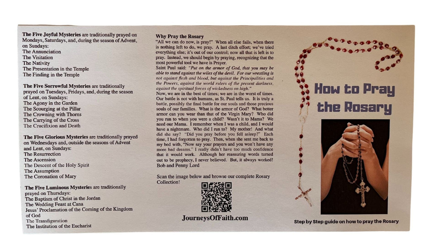 Front of Bob and Penny Lord's How to Pray the Rosary Prayer Card package showing the prayer instructions and rosary illustrations.