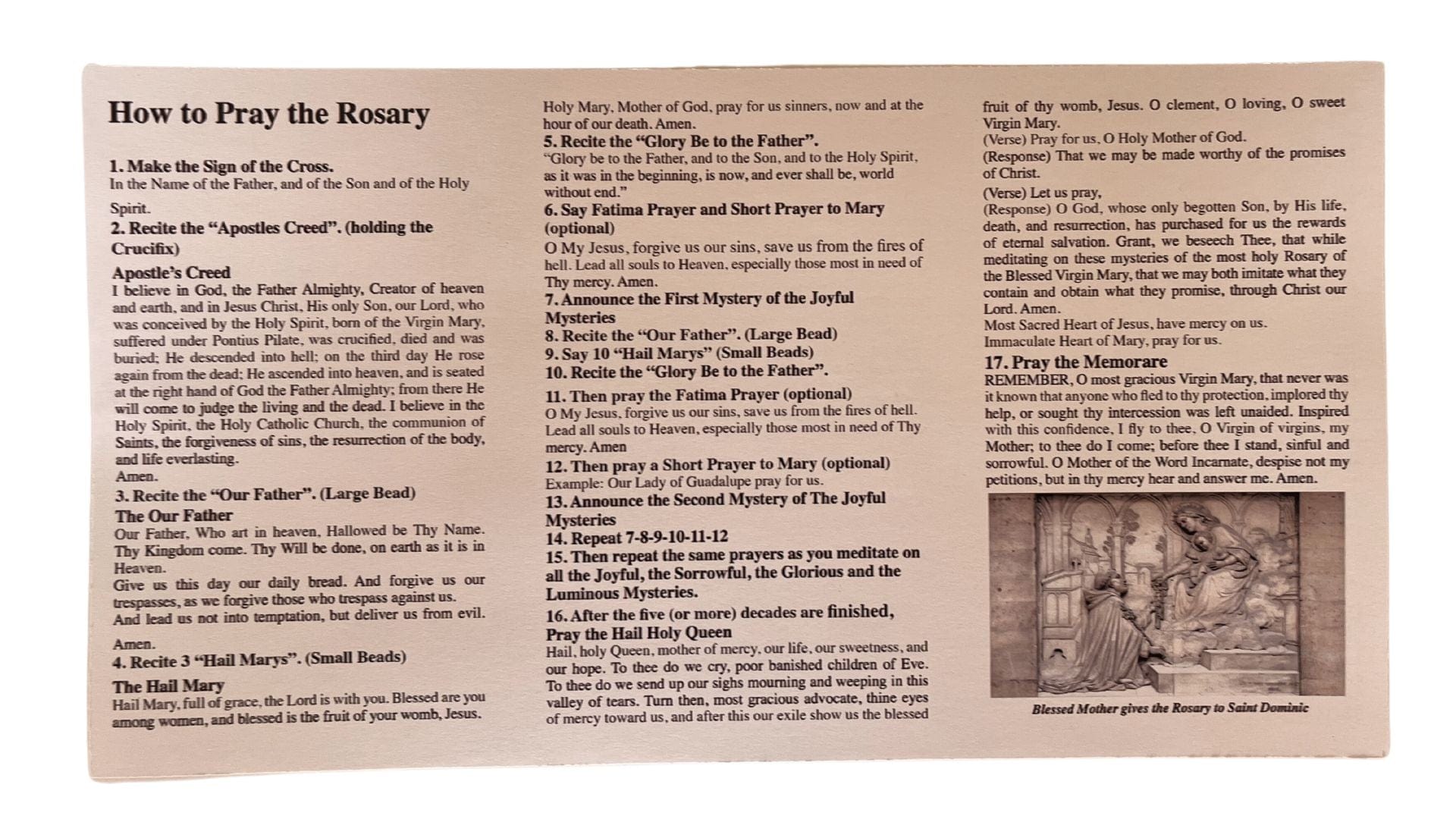 Laminated "How to Pray the Rosary" prayer cards by Bob and Penny Lord, showing prayer instructions and rosary images.