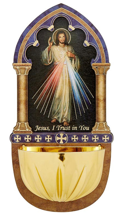 Divine Mercy 5" Lasered Wood Holy Water Font, New #AB-432-R2