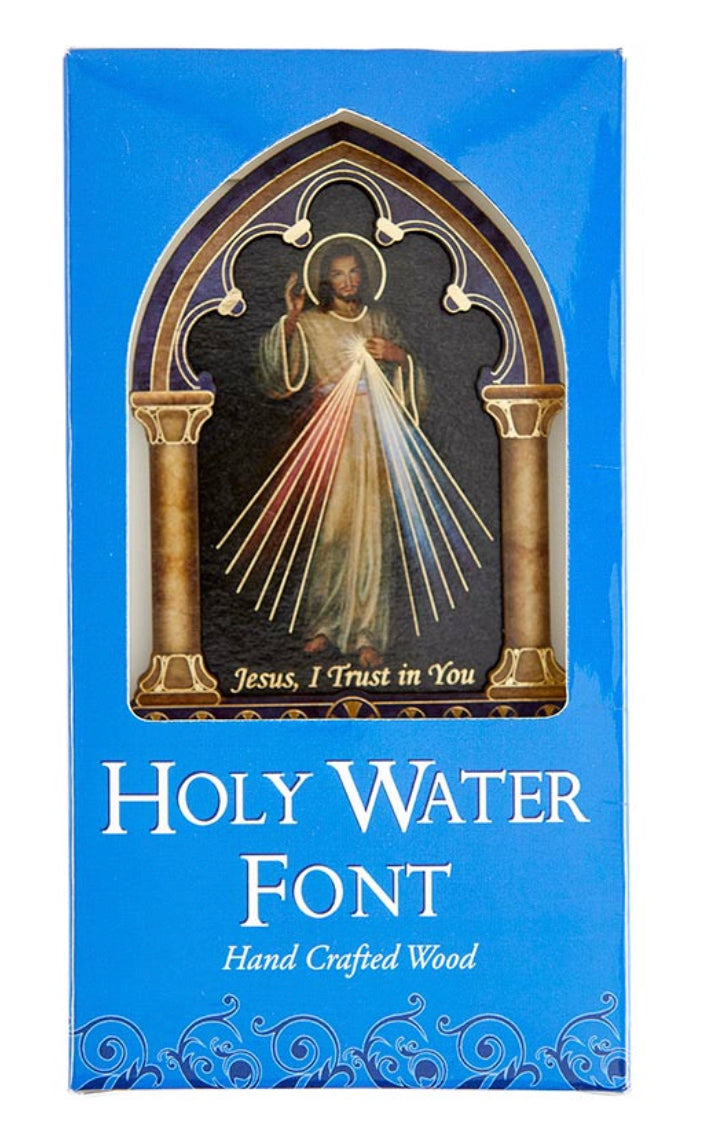 Divine Mercy 5" Lasered Wood Holy Water Font, New #AB-432-R2