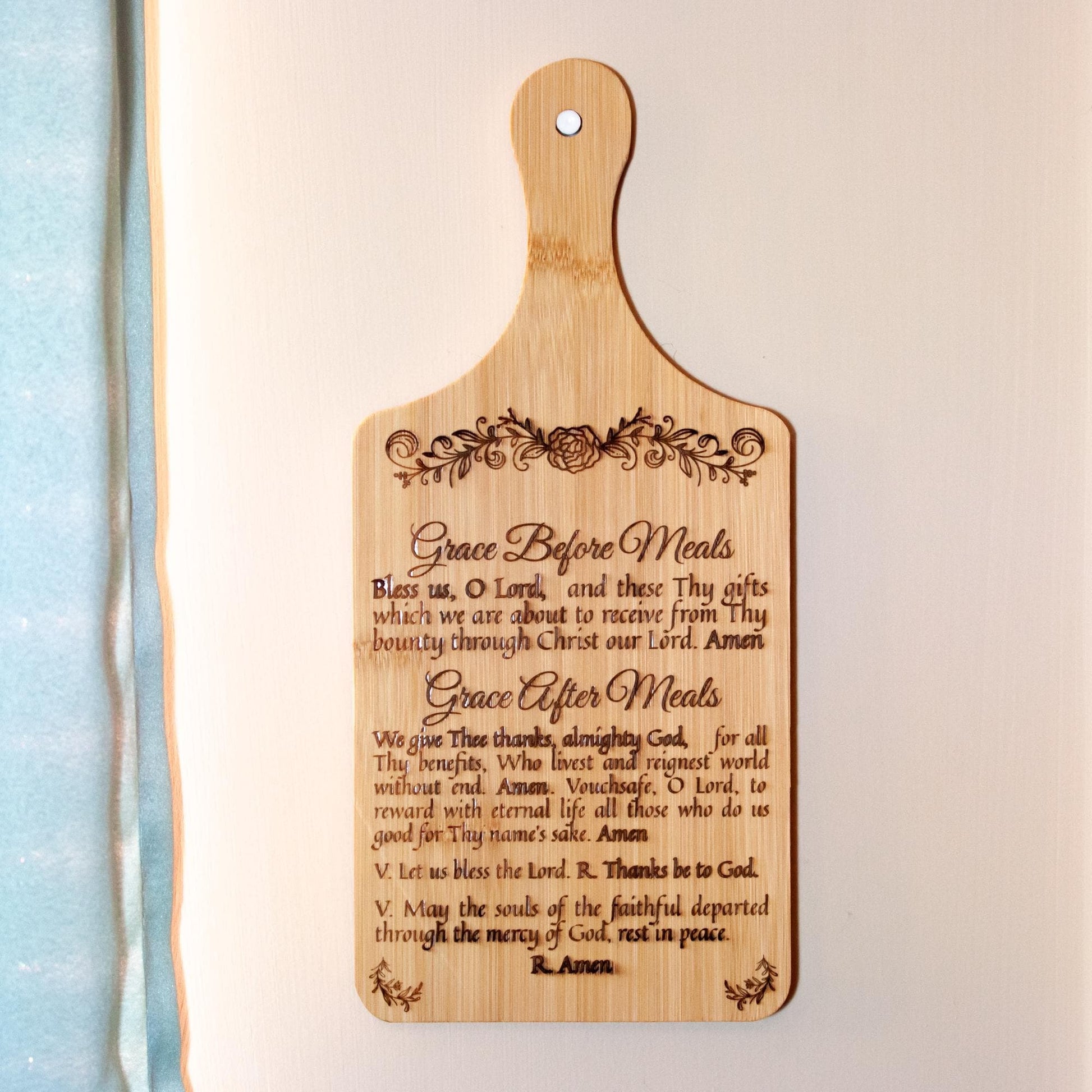 Grace Before & After Meals, Bless Us O Lord, Decorative Bamboo Cutting Board, 11" x 5" x 0.39" | Engraved in the USA | Catholic Living - Journeys of Faith