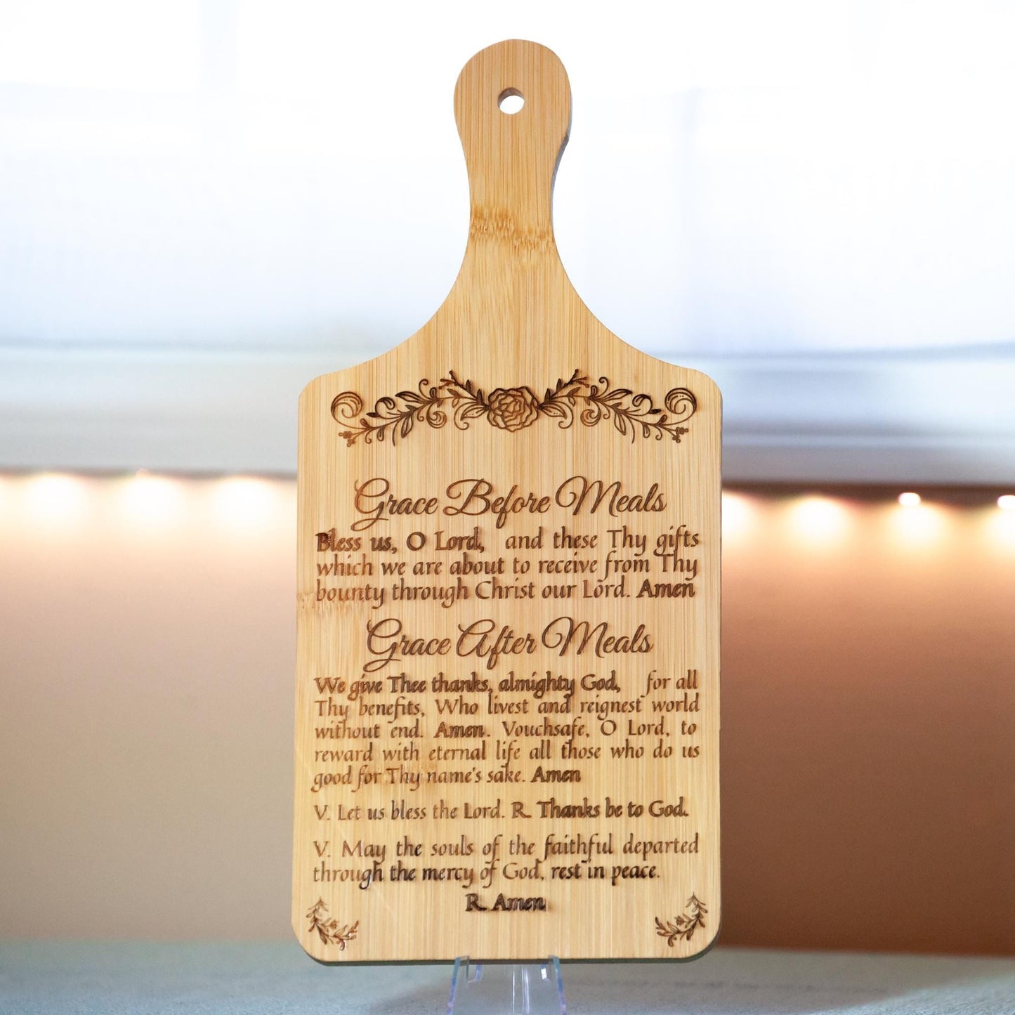 Grace Before & After Meals, Bless Us O Lord, Decorative Bamboo Cutting Board, 11" x 5" x 0.39" | Engraved in the USA | Catholic Living - Journeys of Faith
