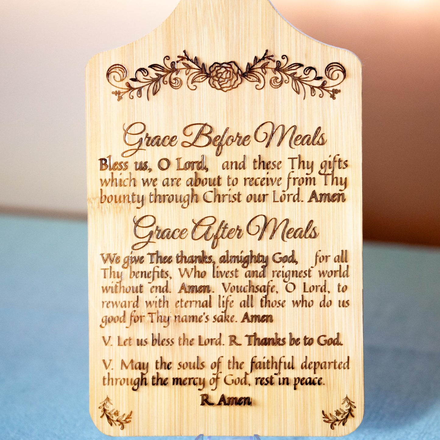 Grace Before & After Meals, Bless Us O Lord, Decorative Bamboo Cutting Board, 11" x 5" x 0.39" | Engraved in the USA | Catholic Living - Journeys of Faith