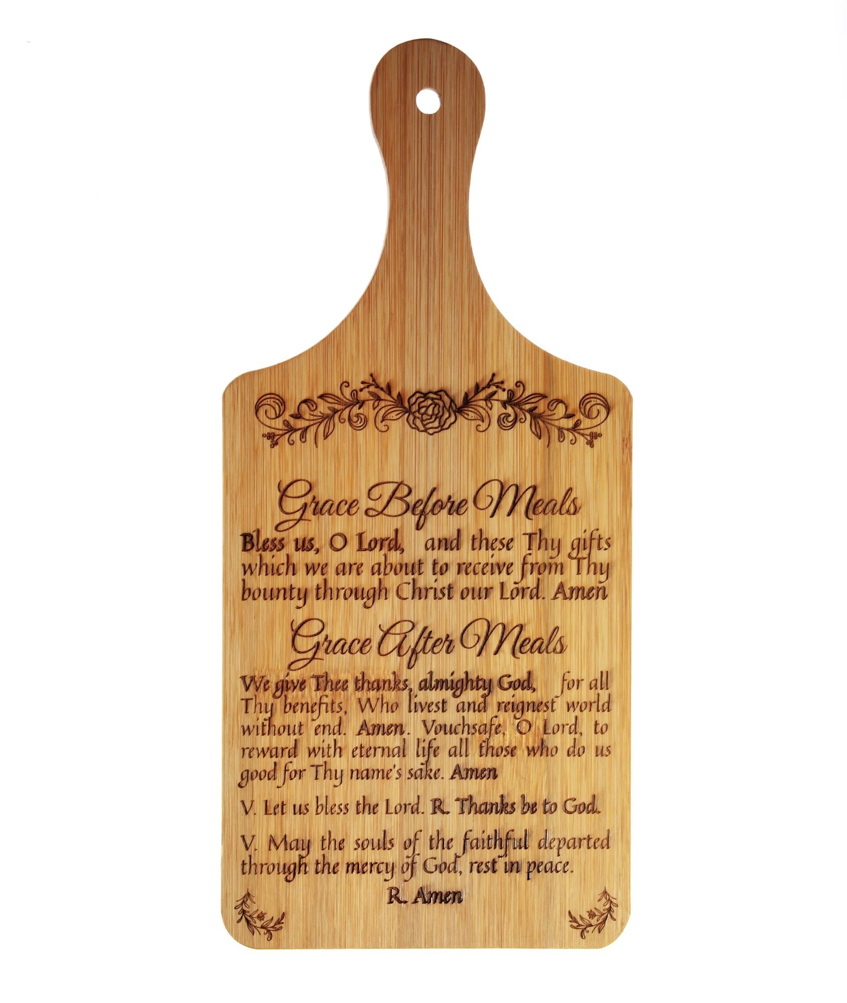 Grace Before & After Meals, Bless Us O Lord, Decorative Bamboo Cutting Board, 11" x 5" x 0.39" | Engraved in the USA | Catholic Living - Journeys of Faith