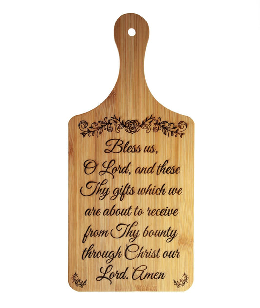 Grace Before Meals, Bless Us O Lord, Decorative Bamboo Cutting Board, 11" x 5" x 0.39" | Engraved in the USA | Catholic Living - Journeys of Faith