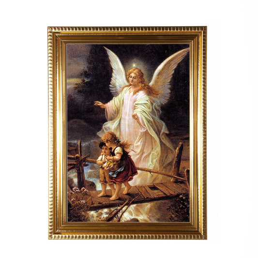 Guardian Angel Framed Print, Hand-Framed Original Design—Restored Antique Artwork—Gold Frame, Christian Wall Art, Nursery Decor, 5x7, 8x10