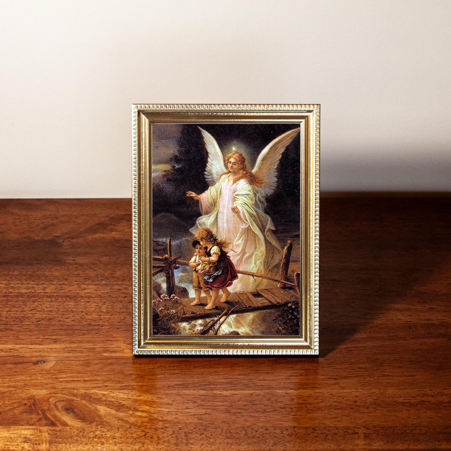 Guardian Angel Framed Print, Hand-Framed Original Design—Restored Antique Artwork—Gold Frame, Christian Wall Art, Nursery Decor, 5x7, 8x10