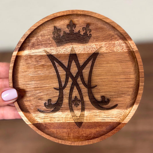 Wooden Rosary Dish Marian Symbol